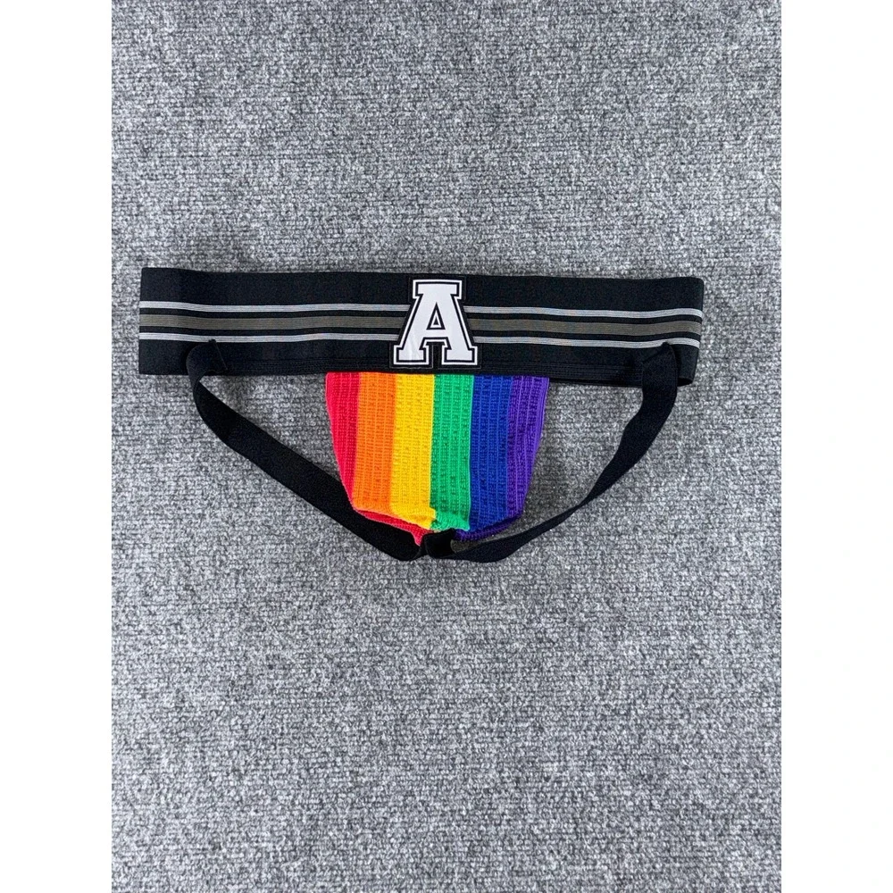 Addicted Mens Rainbow Pride Jockstrap Black Waistband Varsity A Logo Multi Color